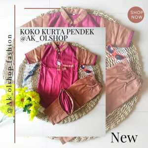 Koko kurta anak laki laki usia 4-12th motif list dada bahan katun lengan pendek bonus peci