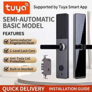 Smart Door Lock Fingerprint Tuya App Tempered Glass Metal Body Keyless Entry Biometric Password Key Digital Home Security