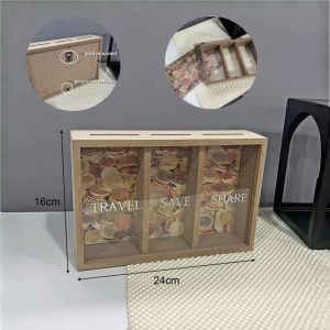 3-Grids Wooden Piggy Bank Acrylic Cash Box Wall Mounted Rectangular Dollar Coin Storage