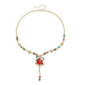 Adjustable Holiday Beaded Necklace With Cartoon Bell Charm Christmas Party Accessory Clavicle Chain