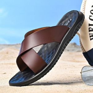 Free Shipping MenS Outdoor Open-Toe Sandals Genuine Leather Slippers Casual Style Soft Sole Non-Slip Versatile Beach Shoes Available In Extra-Large Sizes