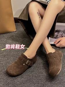 [Free Shipping] Soft Leather WomenS Slip-On Sandals 2026 New Spring And Autumn Style Fleece-Lined Flat-Soled Cotton Slippers For Women