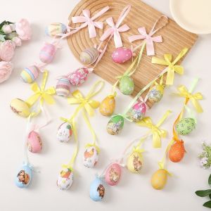 BEIBEI Painted Easter Eggs Hanging Pendant Rabbit Chick Flower with Bow Colorful Eggs String Creative DIY Crafts Easter Tree Decor Home Decor