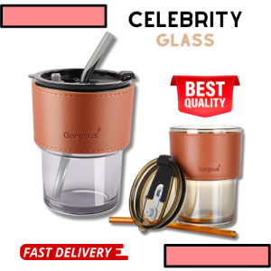 450ml Elegant Celebrity Glass High Quality Gorgous Aesthetic Glass Tumbler with Glass Straw and Leather Case Drinking Glass with Lid and Straw Airtight Waterproof Design Clear Leakproof Glass Cup