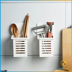 TookJai ตะกร้าเก็บตะเกียบ​ ที่เก็บช้อนส้อม ติดผนังมีช่องระระบายน้ำ chopstick holder