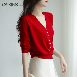 CARINE 2023 Áo len mùa hè cho phụ nữ phong cách Hàn Quốc v-cổ tay áo lửng áo đan bảo vệ khỏi ánh mặt trời Áo khoác len mỏng với nút