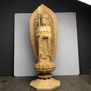 Hand-Carved Kiso Hinoki Wood Ksitigarbha Bodhisattva Statue - Feng Shui Decor Buddhist Sculpture for Home Office Collection