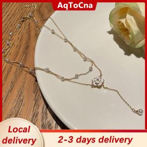 [COD] AqToCna Ship within 24 hours Double layered tassel pearl necklace for female niche design camellia collarbone chain light luxury high-end feel temperament neck chain