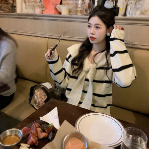 Kardigan Wanita Gaya Korea Atasan Selendang Kardigan Mantel Rajutan Garis Longgar Longgar