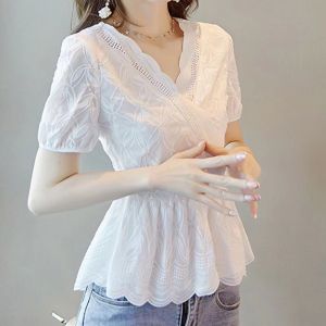 เสื้อลูกไม้ซูเปอร์เซียนเสื้อฤดูร้อนใหม่เอวเสื้อเล็กๆน้อยๆแสดงอารมณ์สีขาวเกาหลีรุ่นปกท้องลูกไม้เสื้อผู้หญิง