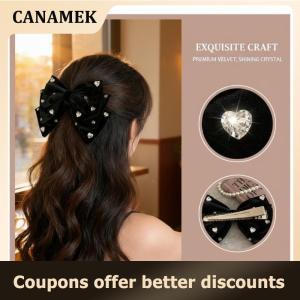 【 CANAMEK 】 Elegant French Bow Rhinestone Hair Clip For Women Black Adorned Hairpin With Large Statement Bow Sparkling Hair Accessories