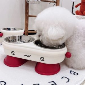 QIXING Stainless Steel Cat Bowl Anti Slip High-Stand Pet High Foot Dual Bowl Multi-use Large Capacity Pet Drinking Feeder Neck Protection