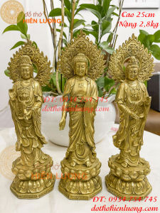 Bộ tượng tam thánh đứng bằng đồng có hào quang cao 25cm nặng 28kg