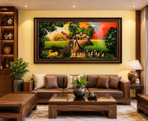 Tranh sơn mài đồng quê vẽ màu đẹp Thanh Bình Lê hàng xuất khẩu 60x120 cm