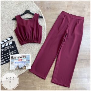 SG217 Set 2 ชิ้น เสื้อทรงครอปแขนกุด ชายเสื้อสม็อค ดีเทลด้านหลังแต่งผูกโบว์หลัง กางเกงขากระบอกยาว เอวยืดสม็อคหลัง พร้อมส่ง