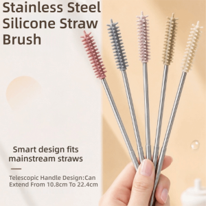 CANICECA 304 Stainless Steel Silicone Straw Brush Heat Resistant Extendable Design Tube Cleaner Reusable No Dead Angle Cleaning Kitchenware Cleaning Tool Baby Bottle Cleaning