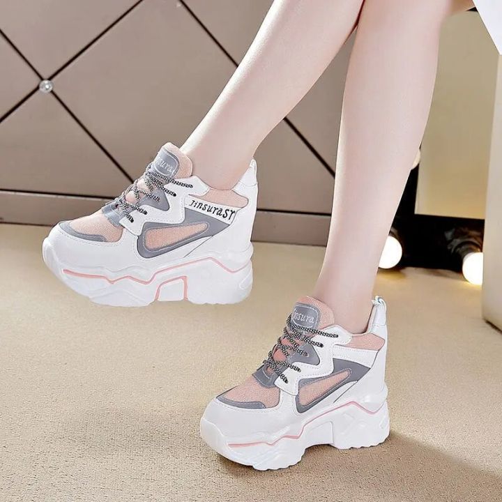 New Ins White High Heel Sneakers Women's Chunky Shoes Wedge
