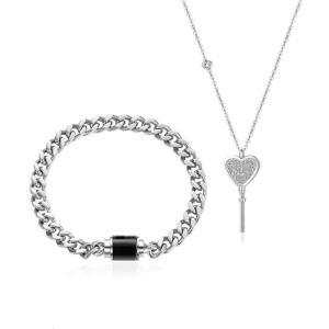2pcs Stainless Steel Heart Key Pendant Necklace Lock Charm Bracelet Unique Bangle Couple Valentines Day Gift