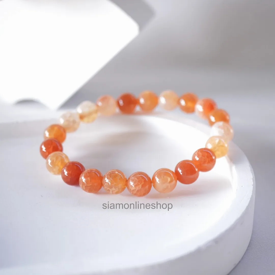Orange Cracked Agate Stone หินมงคล หินเกล็ดมังกรสีส้ม เลือกขนาดเม็ดหินได้ (6-12 มม.) สร้อยข้อมือหินแท้