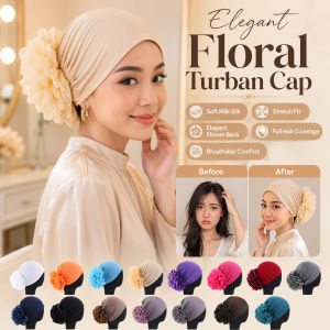 Inner Sanggul Lace Rosette Milk Silk Flower Headscarf Premium Cotton Lightweight Turban Chic Design All-Day Use/Sanggul Rosette Renda Dalam/牛奶丝盘花头巾帽