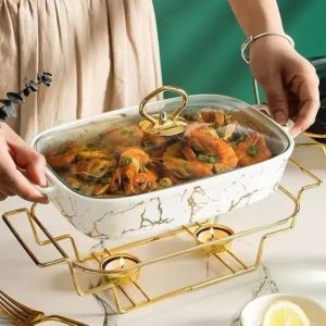 W0AGZ4J2 นอร์ดิก หม้ออุ่นอาหารเซรามิก 12/14/16 นิ้ว พร้อมฝาปิด หม้อตุ๋น หรูหรา รูปสี่เหลี่ยมผืนผ้า หม้อซุปร้านอาหาร บริการบุฟเฟต์