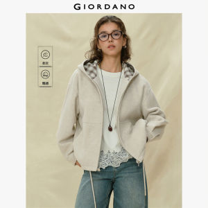 Giordano Women Woolen plaid lined hooded jacket Free Shipping 18375213
