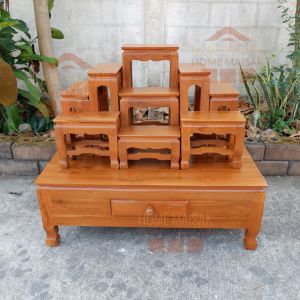 HOMEMAISAK โต๊ะหมู่บูชา กล่องลิ้นชักใต้ฐาน หมู่ 9 หน้า 5 (ไม้สักแท้) ขนาดฐาน กว้าง 50  ยาว 90 สูง 30 สูงรวม 79 ซม. ขนาดลิ้นชัก กว้าง 29 ลึก 40 สูง 8 ซม.