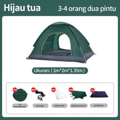 Tenda Kemah Luar Ruangan Anti UV Tahan Air Anti Serangga 3-4 Orang Tenda Hijau untuk Dua Orang atau Tunggal Otomatis untuk Anak dan Dewasa