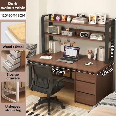 NAIJIA Solid Wood Computer Table 100/120/140CM Computer Table With Drawer Meja Belajar Writing Student Study Desk Modern Home Office Table Brown Jadual belajar 办公桌
