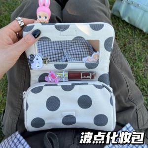 IVAOU Stripe Canvas Polka Dot Cosmetic Bag Portable Large Capacity Small Item Bag Elegant with Makeup Mirror Travel Organizer Bag Woman