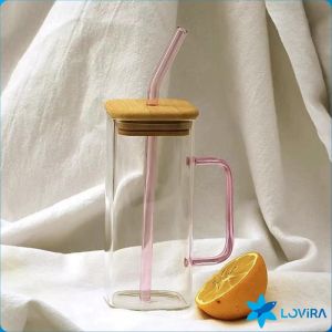 LoviRa 400ml creative square borosilicate glass cup with colored handle bamboo lid glass straw