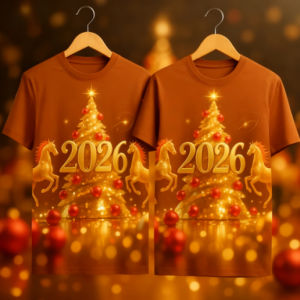 2026 New Year Limited Gold Christmas Tree Steed Printed Short Sleeve T-shirt Black Gold Festival Atmosphere Top Christmas Party Bright Casual Short Sleeve Top Large S-5XL