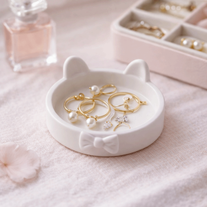 CHENJIE Dễ thương Đĩa đựng trang sức hình nơ In 3D Đế hình dấu chân thú cưng Khay đựng đồ hình tai mèo Giá đỡ nhẫn Đồ trang trí Hộp đựng đồ trang sức Trang trí nhà cửa