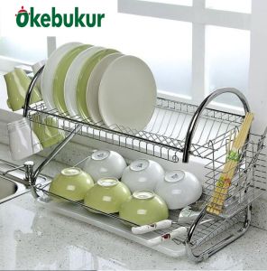 OKEBUKUR ที่เก็บจานชาม ชั้นวางจานสเตนเลส -ชั้นวางจาน ที่ใส่จานชาม ชั้นวางถ้วยจานสแตนเลส ชั้นล้างจาน ชั้นคว่ำจาน kitchen dish drainer ชั้นเก็บจานชาม ที่คว่ำจาน 2 ชั้น ใช้งานได้ดีเหมาะกับคุณแม่บ้าน รุ่นIK42