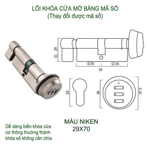 Lõi khóa thay thế cho khóa cửa tay gạt loại mới mở bằng mã số (loại 70x29mm) bên trong vặn mở