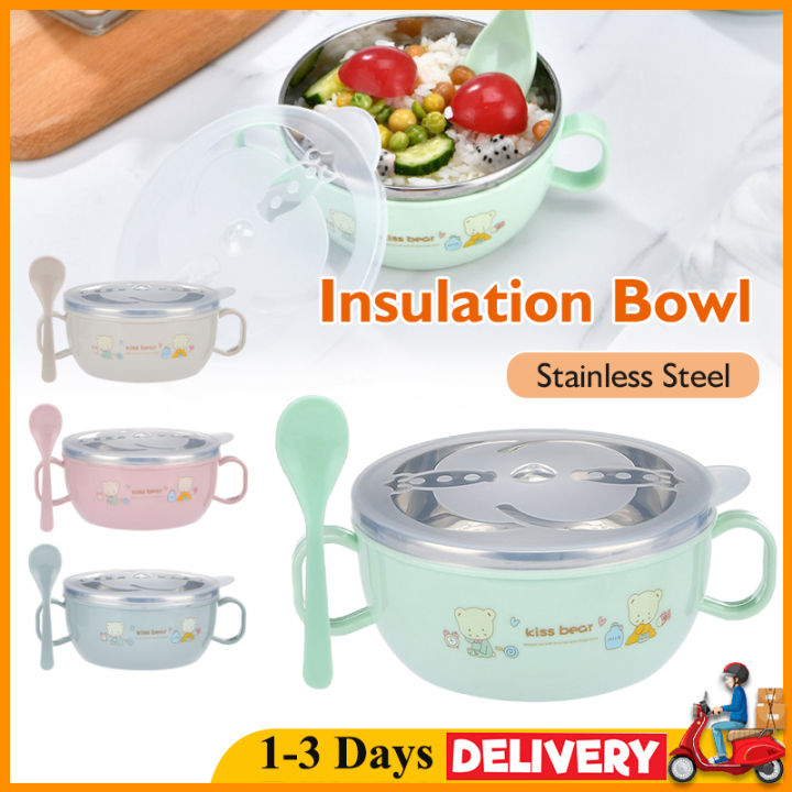 Kids Cartoon Stainless Steel Bowl with Spoon Handle AntiScalding Anti