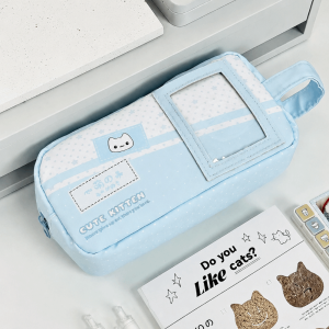 MAKERVY Blue Pencil Case Polka Dot Print Cute Cat Pen Bag Durable Large Capacity Stationery Pouch Gift
