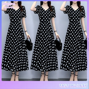 elegantstunning Women Dress Chiffon Fashionable Polka-dot Print V-neck Waist-slimming Long Over-the-knee Dress