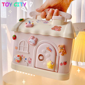 2022 New Kawaii House Piggy Bank With 3D Sticker Cartoon Coin Code Key Lock Automatic Cash Coin Saving Box Cute Square Money Boxes with Lock and Key Decoration for Kids Girl Gift
