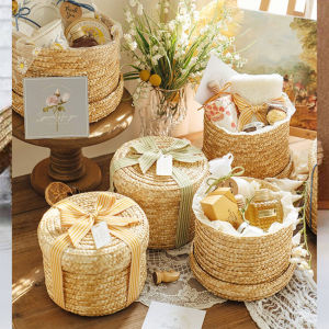 Storage Basket with Lid Handmade Straw Woven Organizer for Snacks Laundry and Flowers Rattan Storage Box