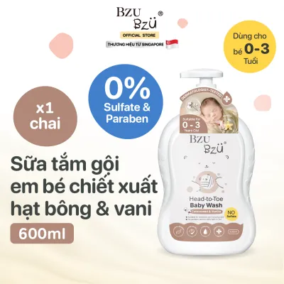 Sữa Tắm Gội Toàn Thân Em Bé Dưỡng Da Phục Hồi Da Khô BZU BZU Baby Head to Toe Wash Làm Sạch Dịu Nhẹ 600ml