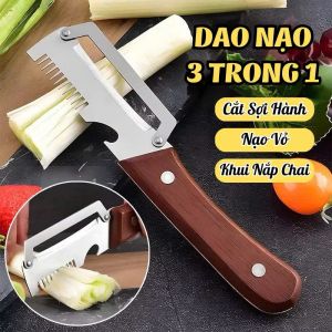 Dụng Cụ Bóc Vỏ Hành Lá Cán Gỗ 3 Trong 1 – Dao Nạo Vỏ Rau Củ Cắt Sợi Hành Lá Khui Nắp Chai Inox Cao Cấp PVN9873