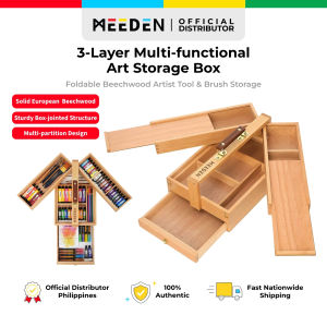MEEDEN 3-Layer Multi-functional Art Storage Box Solid Beechwood Artist Tool & Brush Storage Multi-partition Sturdy Box
