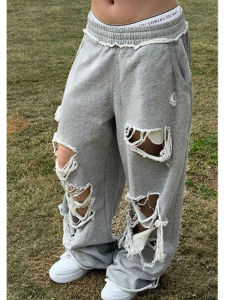 Gray Baggy Joggers Women Hip Hop Style Grunge WOMENS Wide Leg Holes Sweatpants Oversized Gyaru Streetwear Trousers