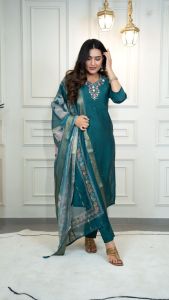 [PRE-ORDER] Size M to 2XL KURTI WITH PANT:- ROMAN SILK WITH HEAVY EMBROIDERED WORK sets_377_ Dark Rama