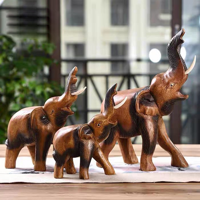 Hand carved wooden elephant statue home feng shui decoration office
