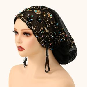 PWD0442 Shiny Beads Turban Hat Long Tassel Flower Embroidery Fishtail Cap Mesh Turban Scalloped Edge Indian Headscarf Daily Wear