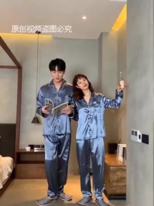 【OSEE】M-5XLCouple pajamas satin sleepwear terno summer ice silk Korean fashion mens and womens spring and autumn long-sleeved ins thin section plus size suit home cloth lapel㏇X0408