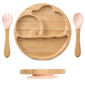 Baby Feeding Tableware Set Silicone Fork Spoon BPA Free Children Tableware Suction Plate Bowl Bamboo Plate for Kids Dinner Plate