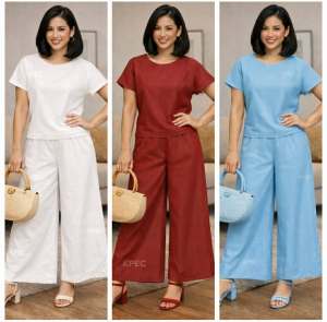 EE Chic Casual Cotton-Blend Womens Tracksuit Sets - Round Neck Top & Wide-Leg Pants in Pastel Colors
